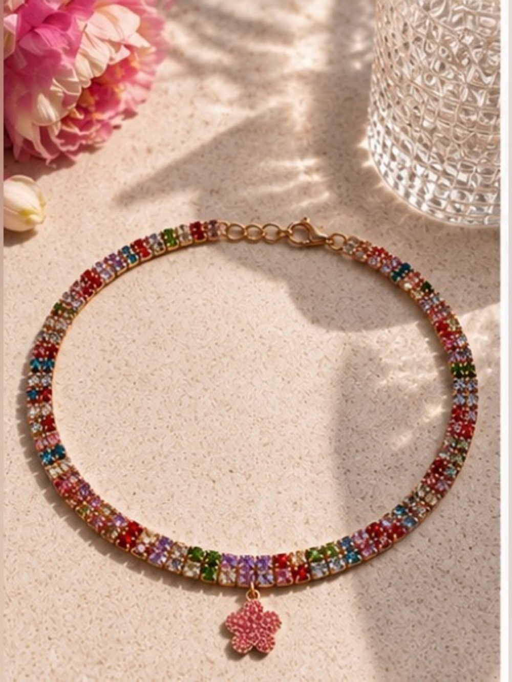 Multicolor Crystal Flower Charm Choker Necklace 🌸